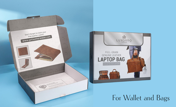 Printed shipping box for leather wallet and laptop